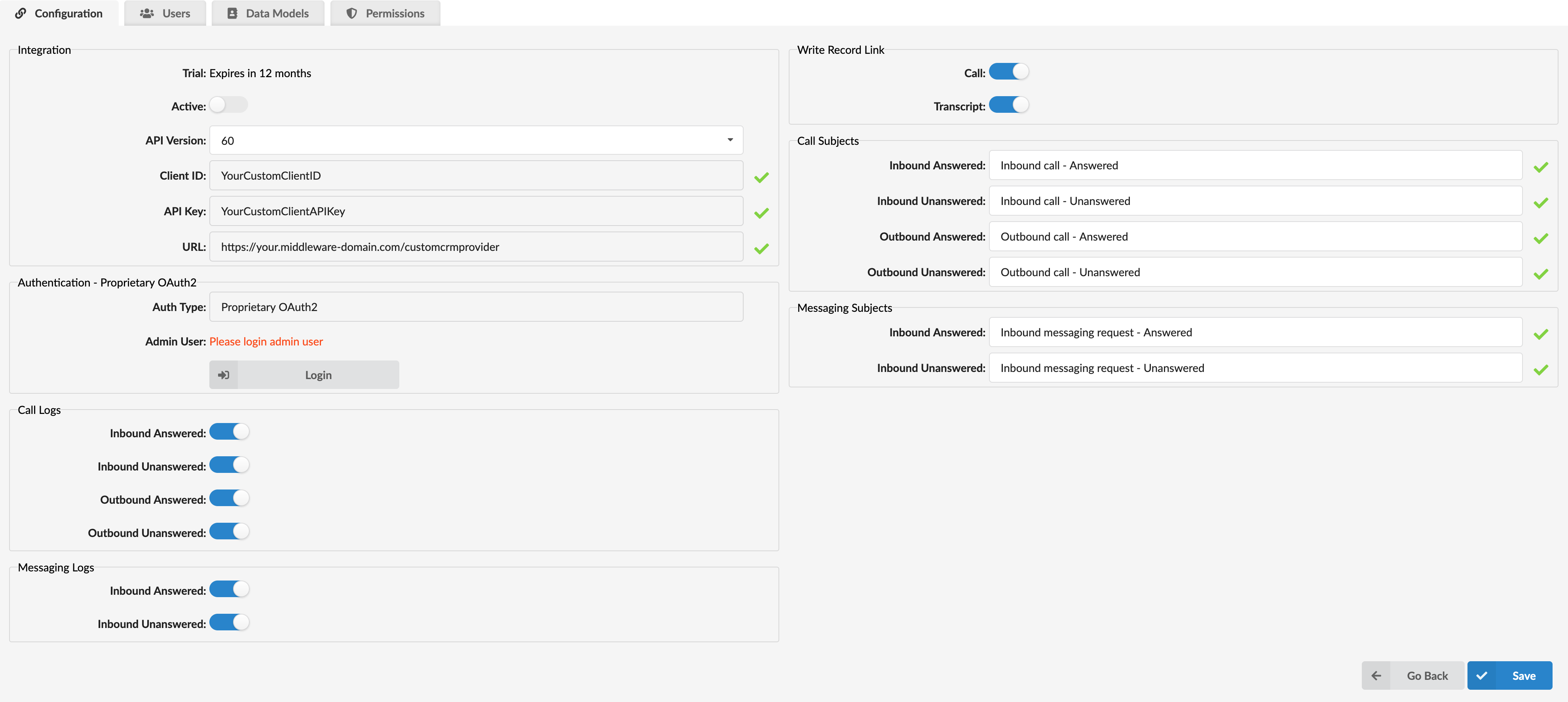 Custom CRM Configuration Page