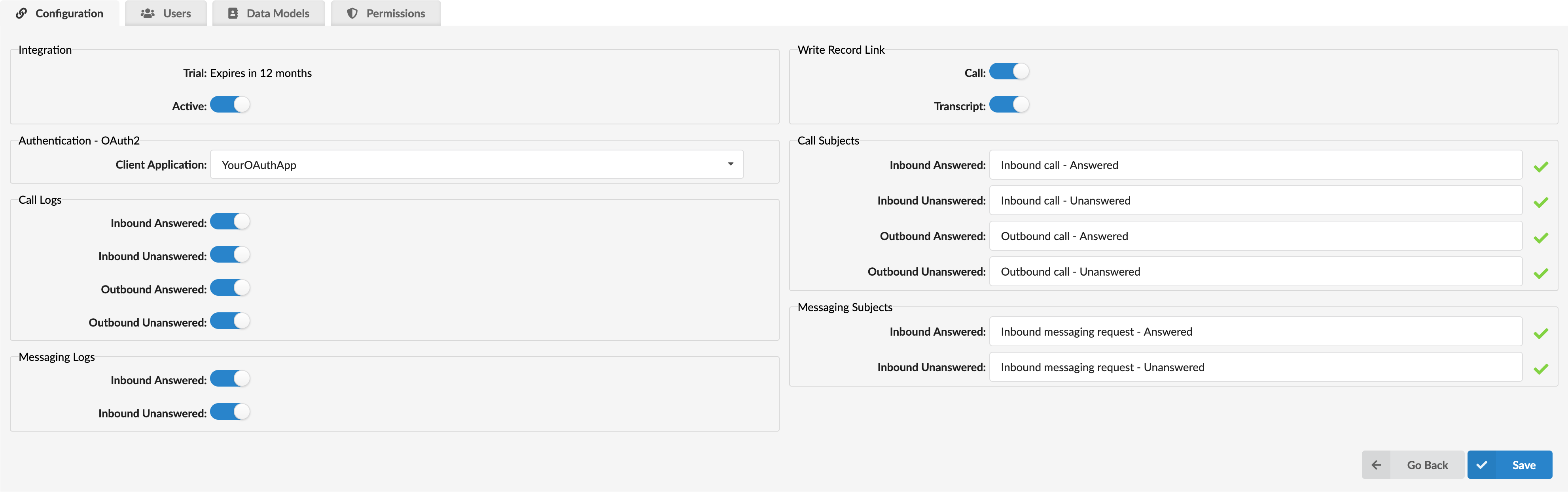 OAuth Configuration Page