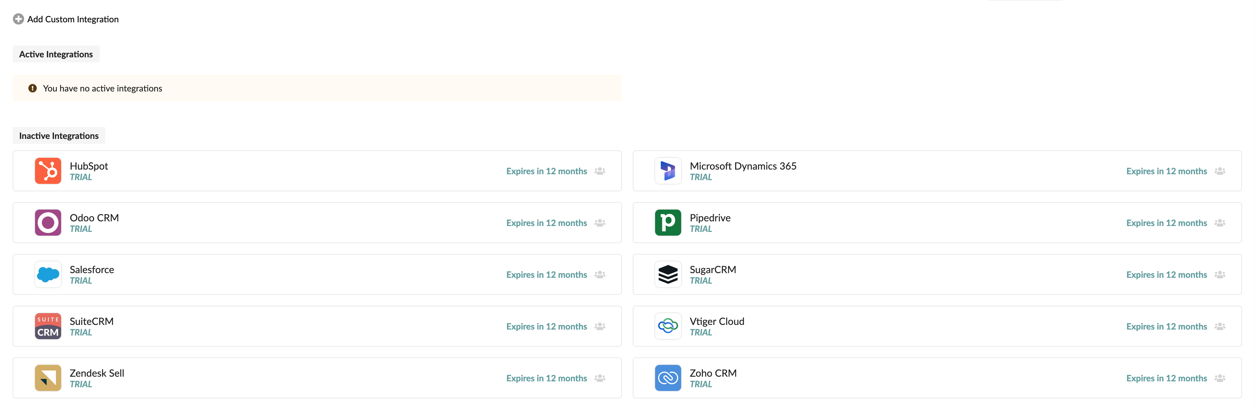 CRM Integrations Main Page
