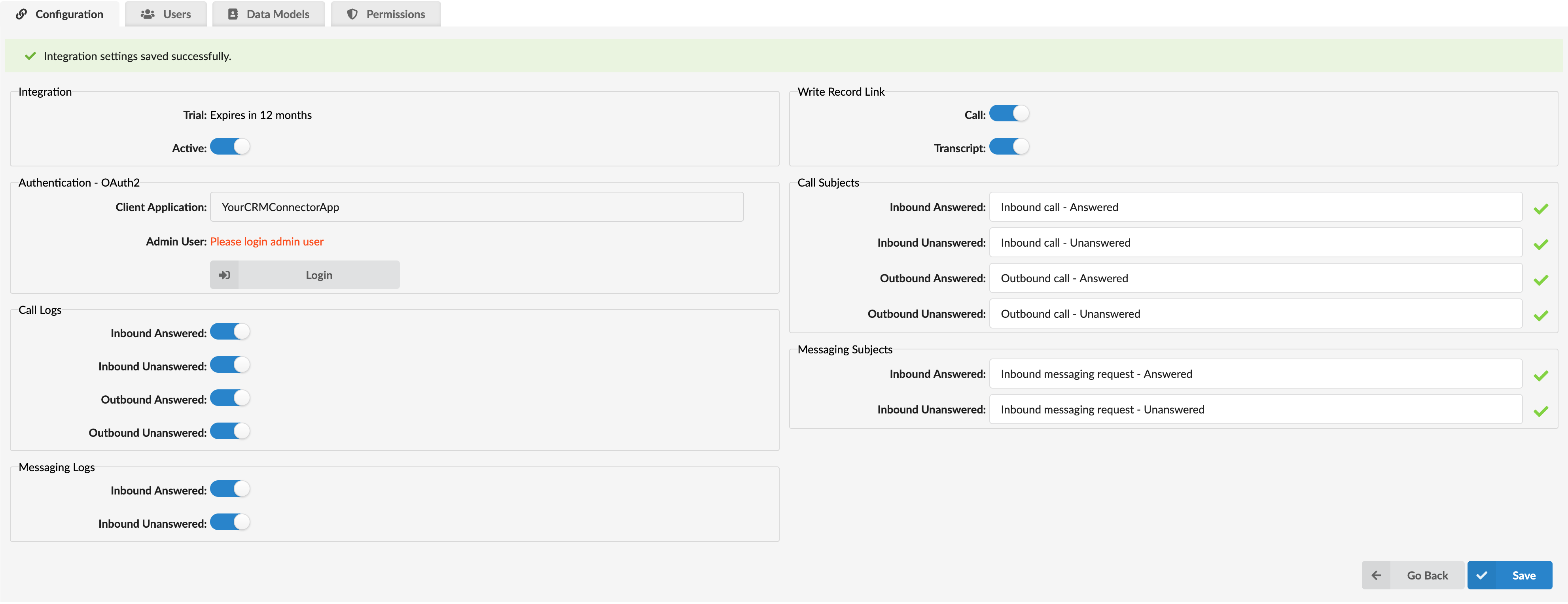 Integration Saved Configuration
